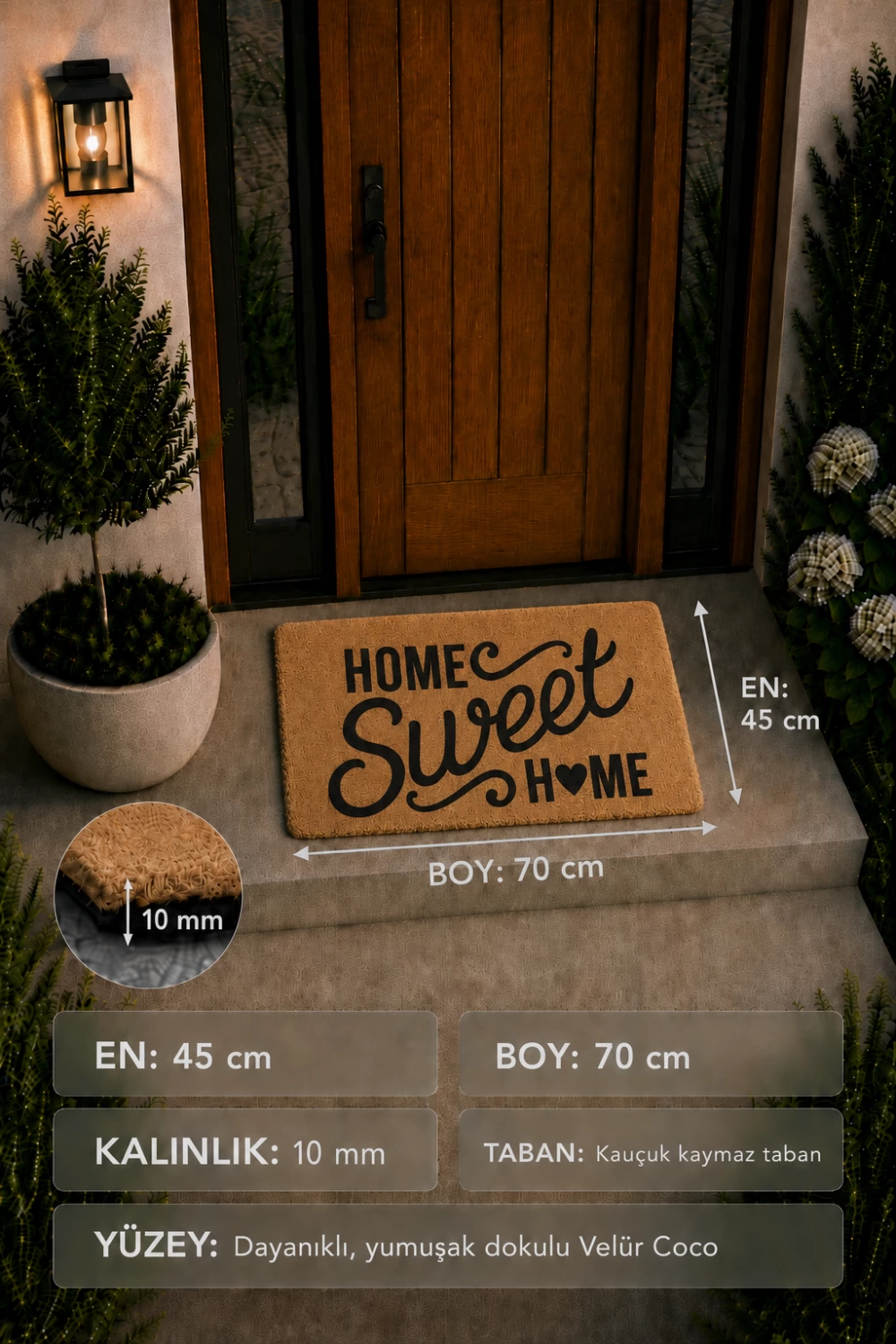 Home Sweet Home yazılı velür coco paspas kauçuk tabanlı