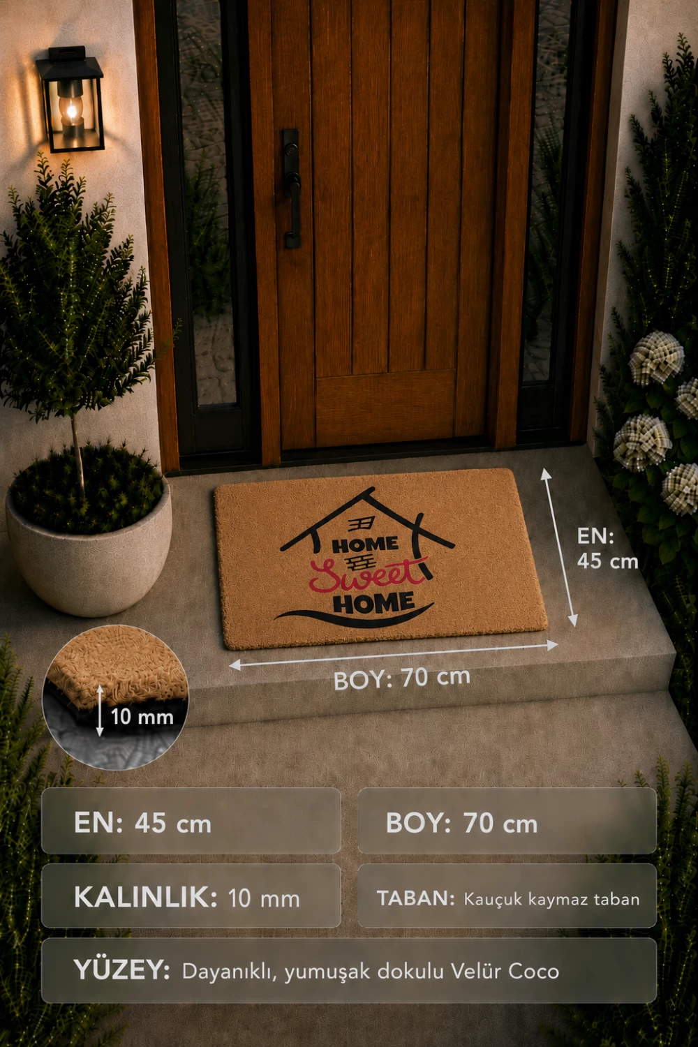 Renkli Home Sweet yazılı velür coco paspas kauçuk tabanlı