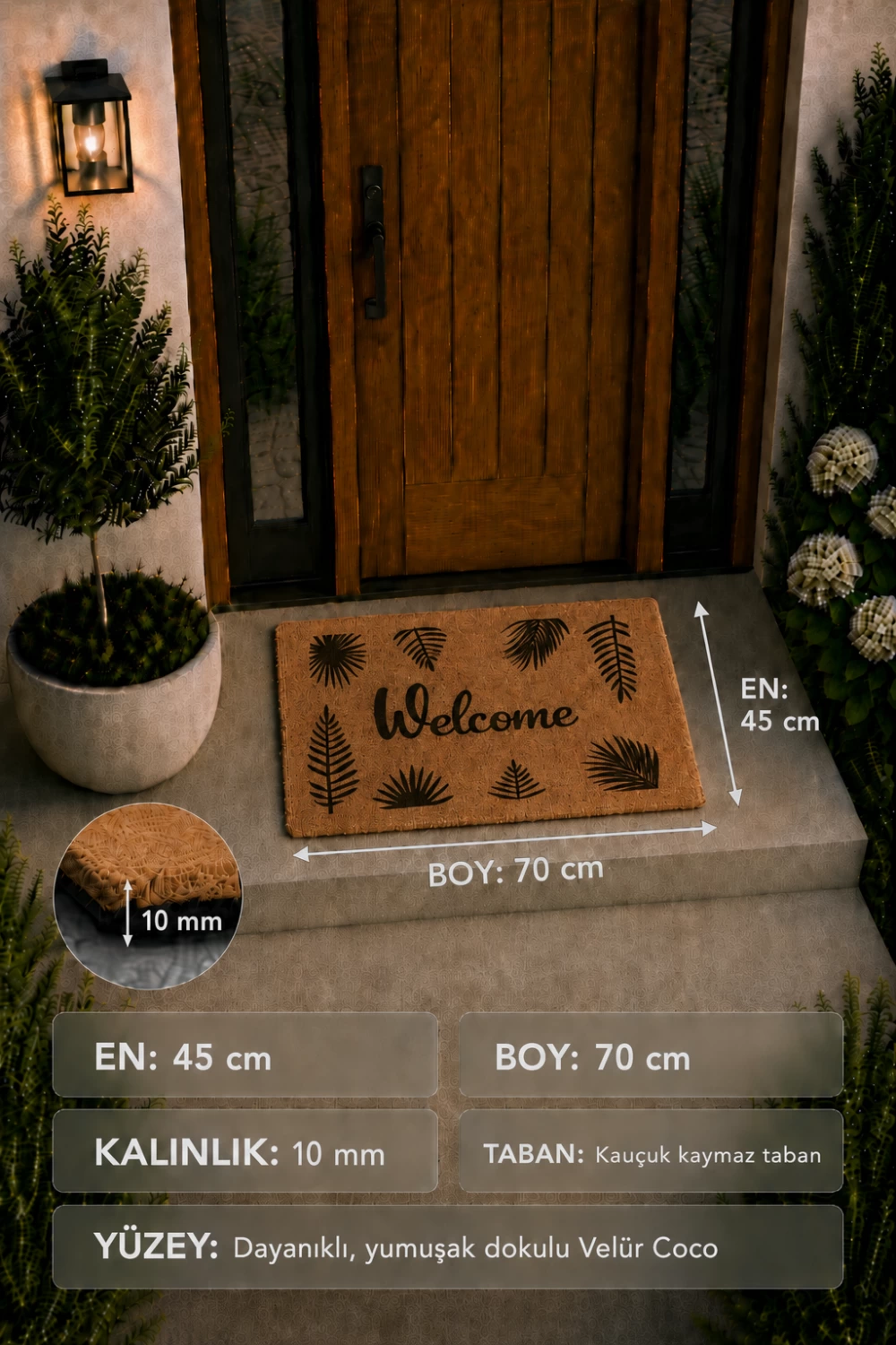 Welcome yazılı velür coco paspas kauçuk tabanlı